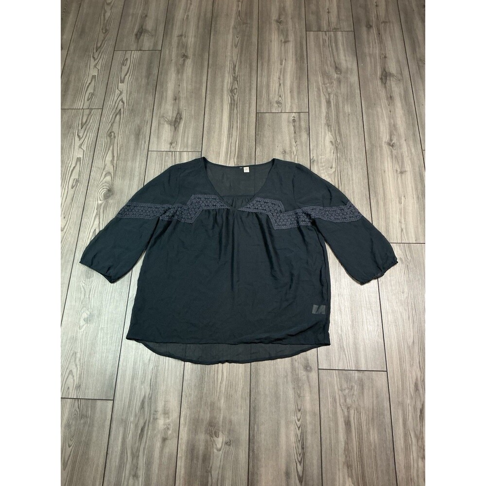 Boho Black Crochet Lace Trim V Neck Top 3/4 Sleeve Peasant Blouse Sheer
